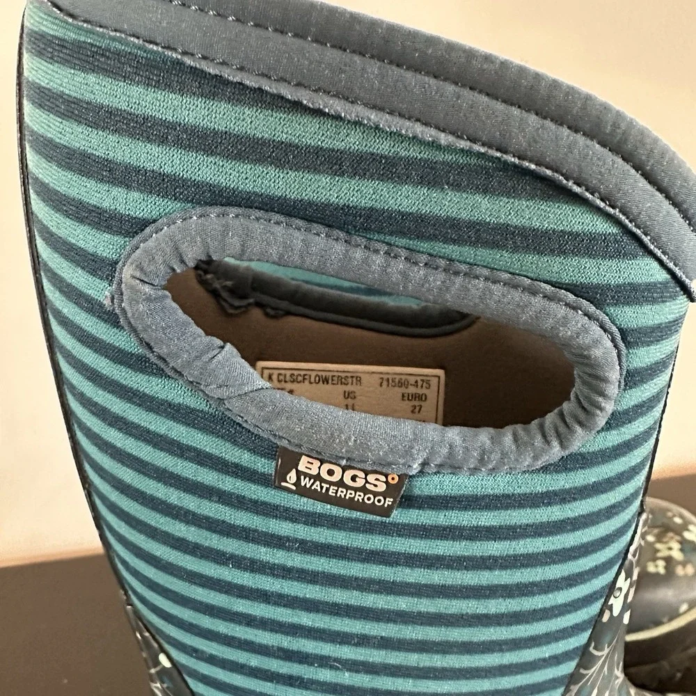 Bogs High Flower Stripe Waterproof Winter Rain Mud Snow Boot Black Girls 11 EUC